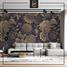 Load image into Gallery viewer, Gold flowers wallpaper, peonies on Dark blue background