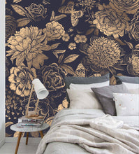 Load image into Gallery viewer, Gold flowers wallpaper, peonies on Dark blue background