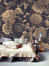 Load image into Gallery viewer, Gold flowers wallpaper, peonies on Dark blue background