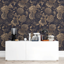 Load image into Gallery viewer, Gold flowers wallpaper, peonies on Dark blue background