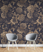 Load image into Gallery viewer, Gold flowers wallpaper, peonies on Dark blue background