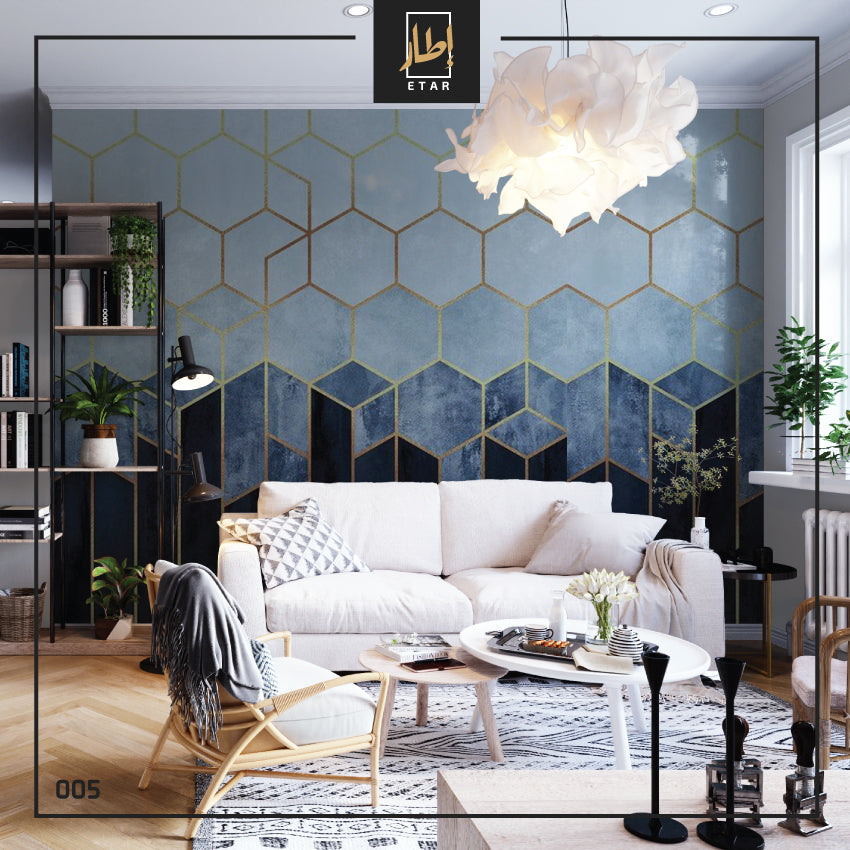 Blue 3D geometric cubic pattern  , wallpaper , wall mural