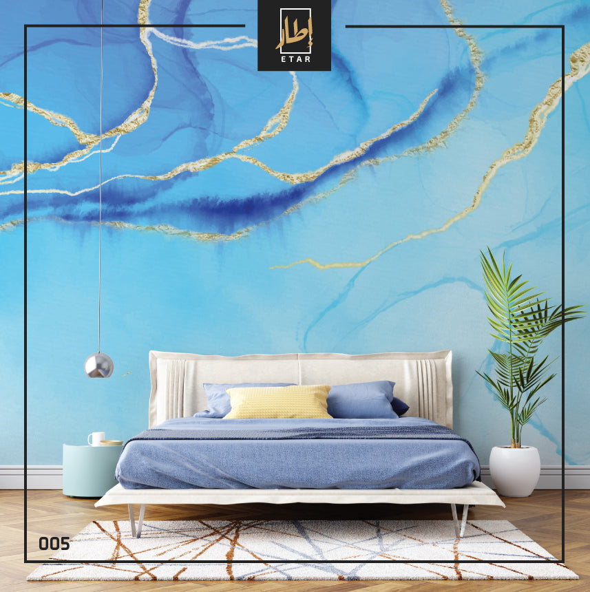 Blue With Gold Line Marble Design Wallpaper - Wall Mural