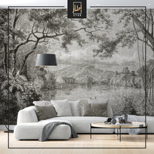 Load image into Gallery viewer, Black and white old landscape art wallpaper with trees
