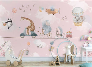 Pink Flying Animals Kids Wallpaper Hot Air Balloon