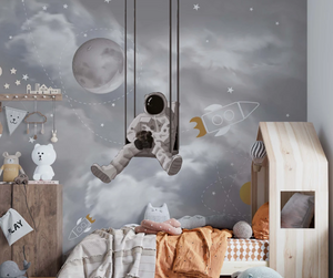 Astronaut Sitting on a Swing Space Moon Stars Wallpaper