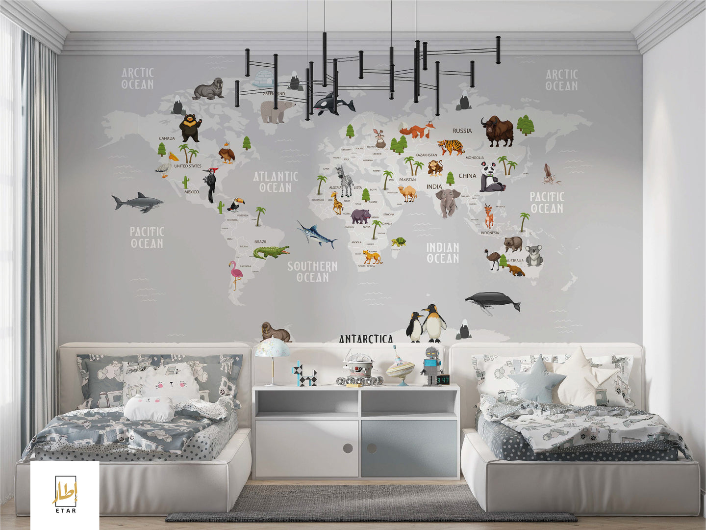 Grey World map with animal wallpaper