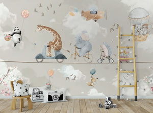 Beige Flying Animals Kids Wallpaper Hot Air Balloon