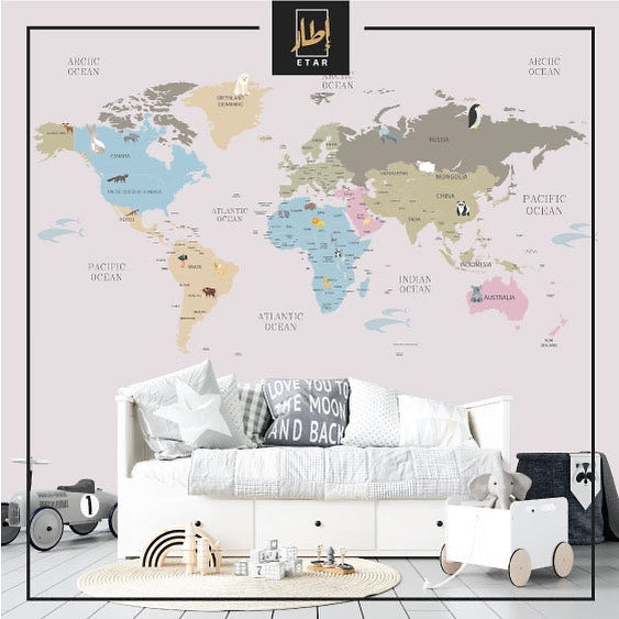 World map with animals wallpaper