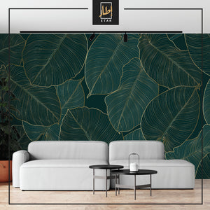 Green tree leaves with gold line wallpaper