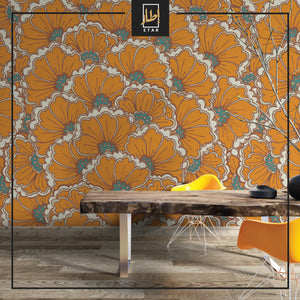 Orange wallpaper with daisies pattern , floral wall mural