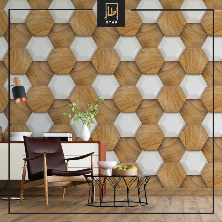 3D White and Wood Pentagons, 3D Geometric Minimalist Wall Mural, Artsy Wall Art