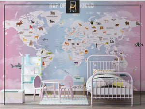 Pink World map animals for child room wallpaper