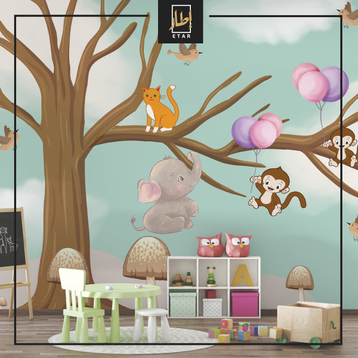 Tree wall mural with animals wallpaper