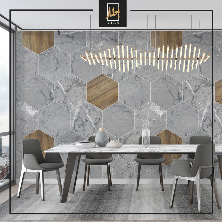 Geometric Grey Marble  with Wood Wall paper