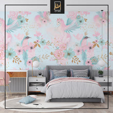 Load image into Gallery viewer, Fairy magical garden. Unicorn seamless pattern, pink, blue, gold flowers, leaves , birds and clouds wallpaper
