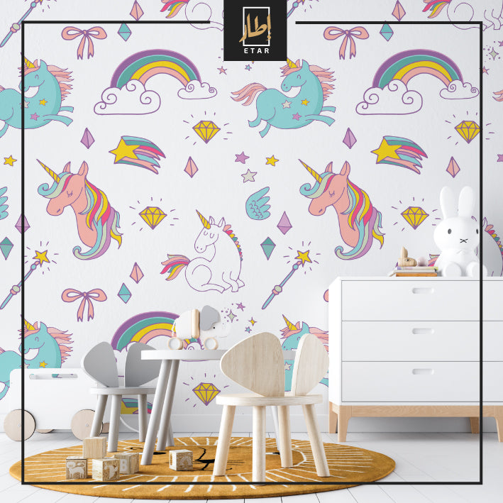 Unicorn with rainbow wallpaper