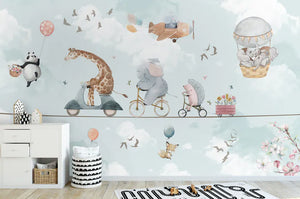 Blue Flying Animals Kids Wallpaper Hot Air Balloon