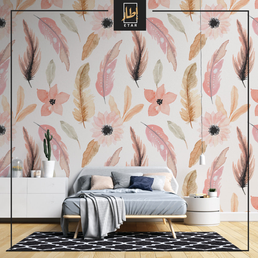 Lovely Flowers with Feathers wall mural - Floral Wall Decor - Watercolor Wallpaper